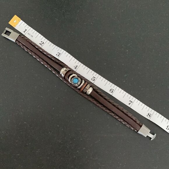 Ibiza Brown Vegan Leather Multi-Strand Cuff Bracelet with Faux Turquoise - Picture 8 of 8